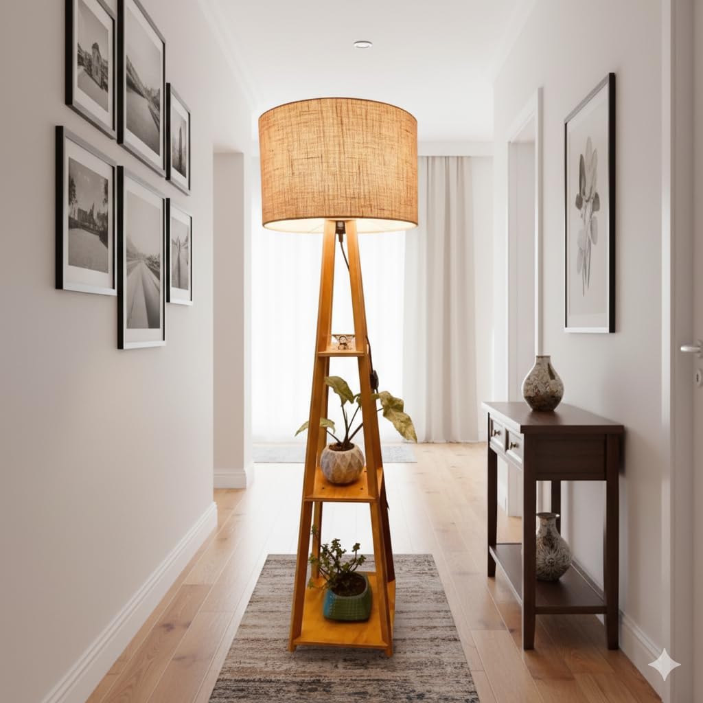 60" Modern Wooden Floor Lamp with Shelves for Living Room & Office | Multi Tier Storage Stand for Plants, Books & Decor, LED Compatible Standing Light | Space Saving Home Lighting Fixture