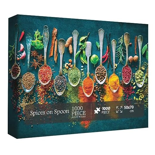 Spices on Spoon Puzzles for Adults 1000 Pieces, Vintage Spoon Jigsaw Puzzles, Funny All Sorts of World Spices Adult Puzzles Collage Puzzles