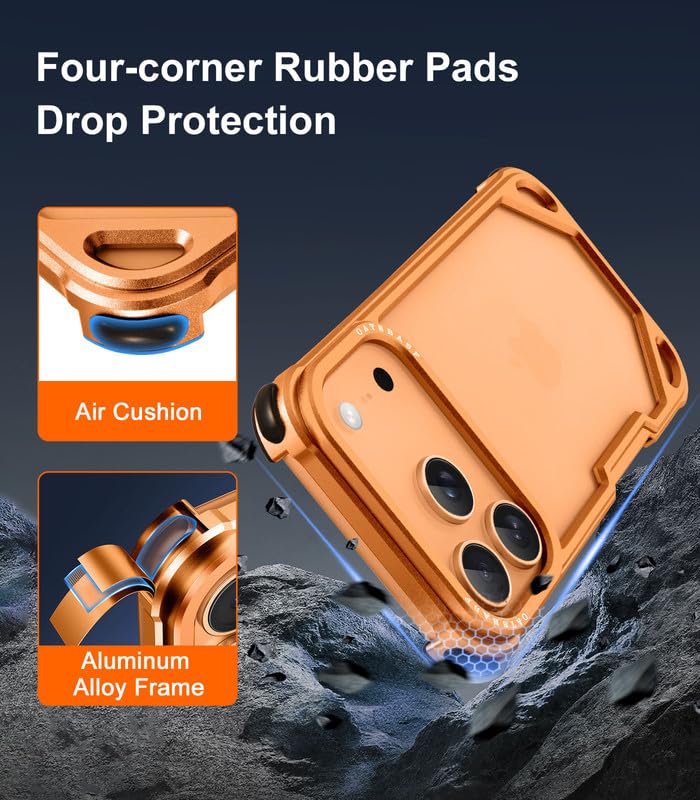 Image of Aluminum Frame Metal Bumper Compatible with iPhone 17 Pro Max | Simple Shield Air Cushion Shockproof | Edge Protection, Minimalist Slim - Orange Titanium