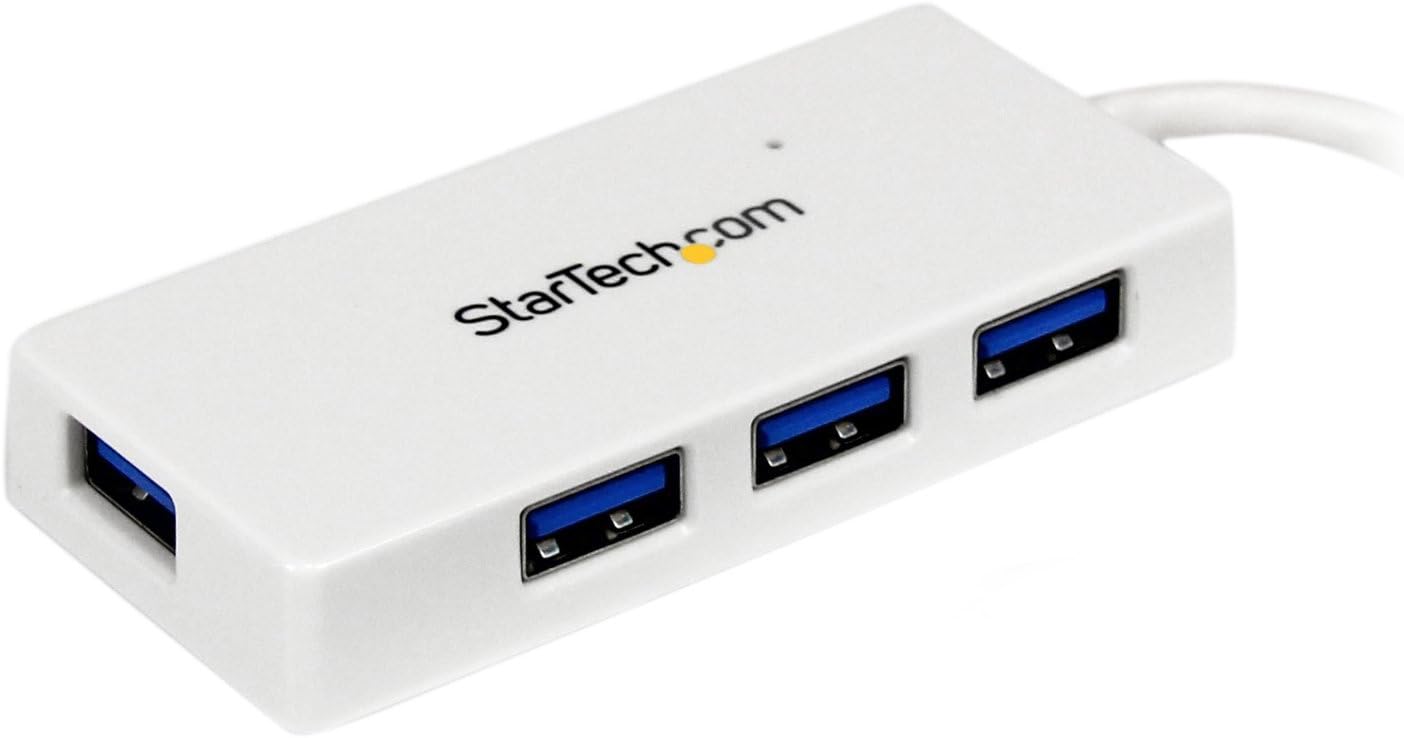 StarTech.com 4 Port USB 3.0 Hub - 5Gbps - Multi Port USB Hub w/ Built-in Cable - Powered USB 3.2 Gen 1 Extender for Your Laptop - White, TAA (ST4300MINU3W)