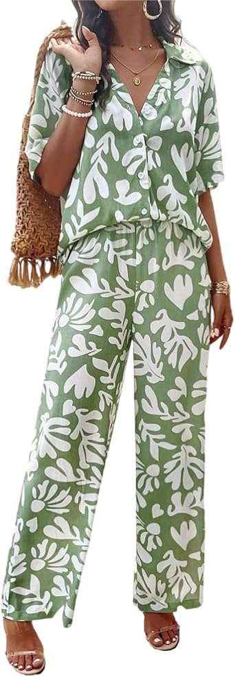 Xixiuly Womens Summer 2 Piece Lounge Sets Outfits Print Short Sleeve Button Blouse Top High Waist Wide Leg Pants Loose Sets
