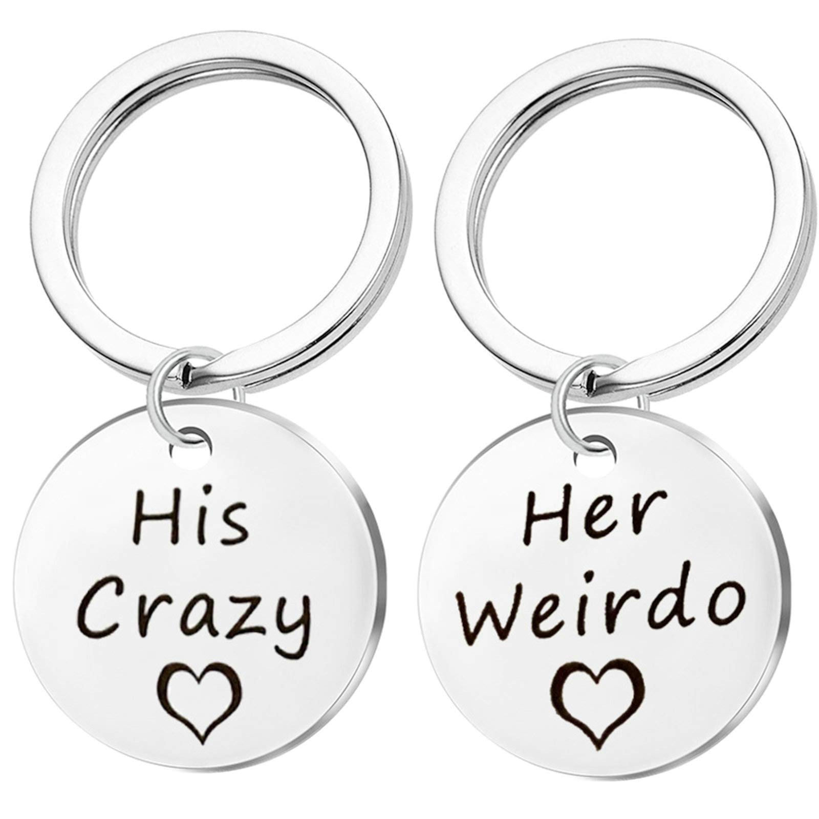 Stainless Steel Key Chains for Couples Keychains Engraved Round Heart Ring His Crazy Her Weirdo Women Keychain Charm