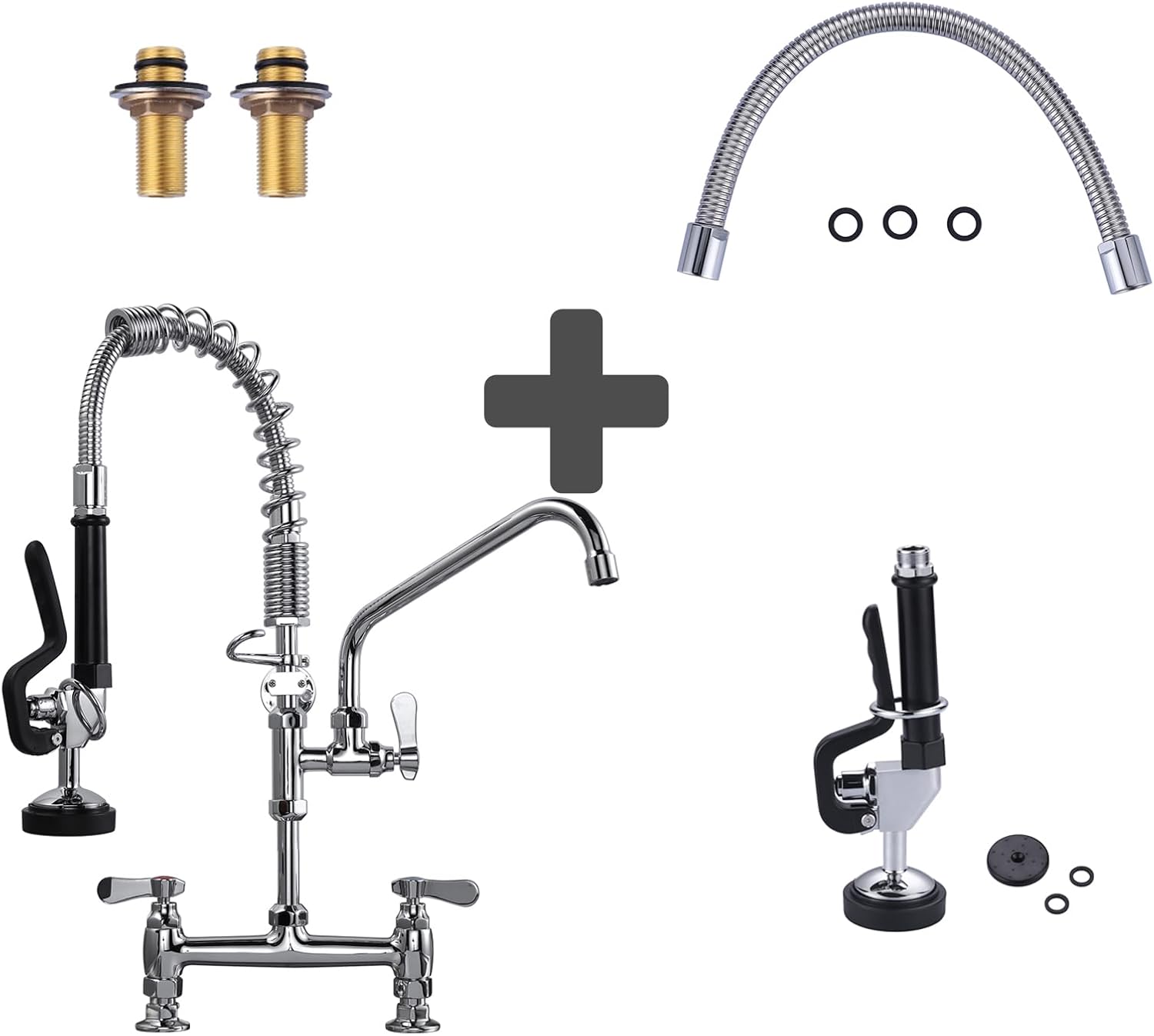 21” Deck Mount Commercial Kitchen Faucet & Black Pre Rinse Sprayer & 18.5" Sprayer Hose for Commercial Restaurant Kitchen Sink Faucet kit