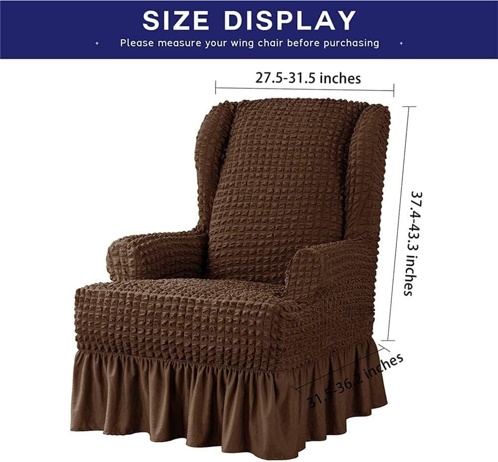 Stretch Slipcover with Skirt 1-Piece Universal Easy Fitted Wingback Chair Slipcover with Elegant Ruffle High Elastic Seersucker Wing Back Chair Cover (Color : Brown)