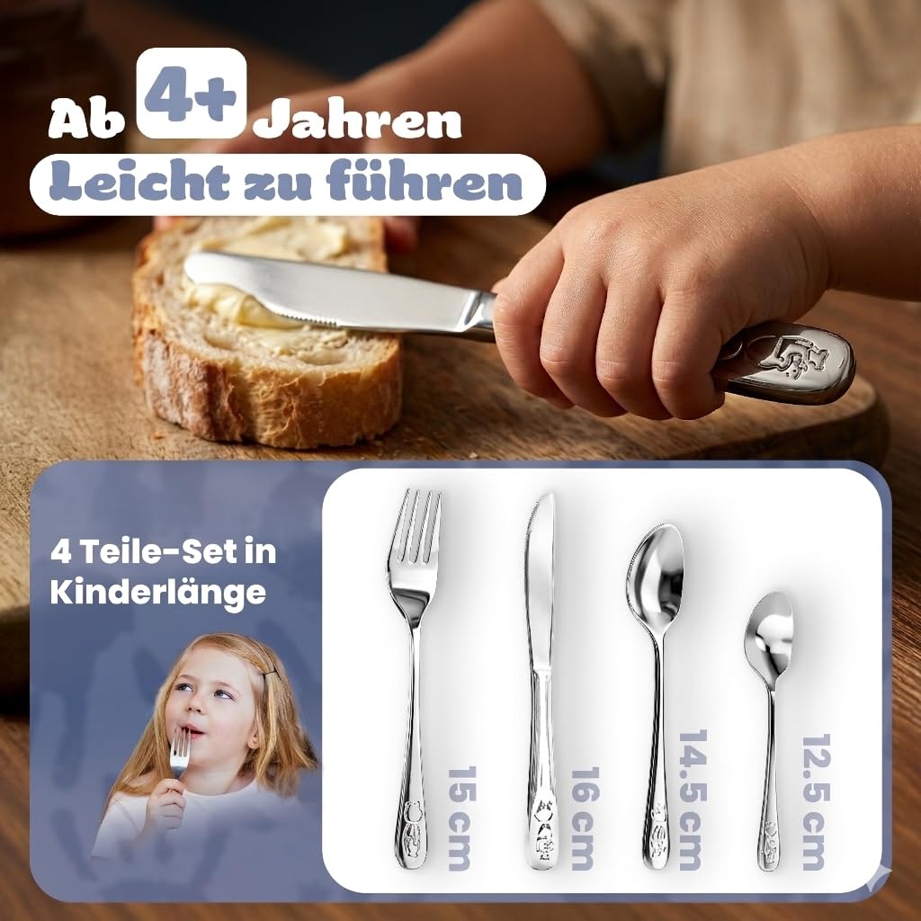 Kinderbesteck mit Namensgravur - Personalisiertes 4-teiliges Edelstahl Besteckset ab 4 Jahre - Taufgeschenk für Mädchen und Jungen - Spülmaschinenfest