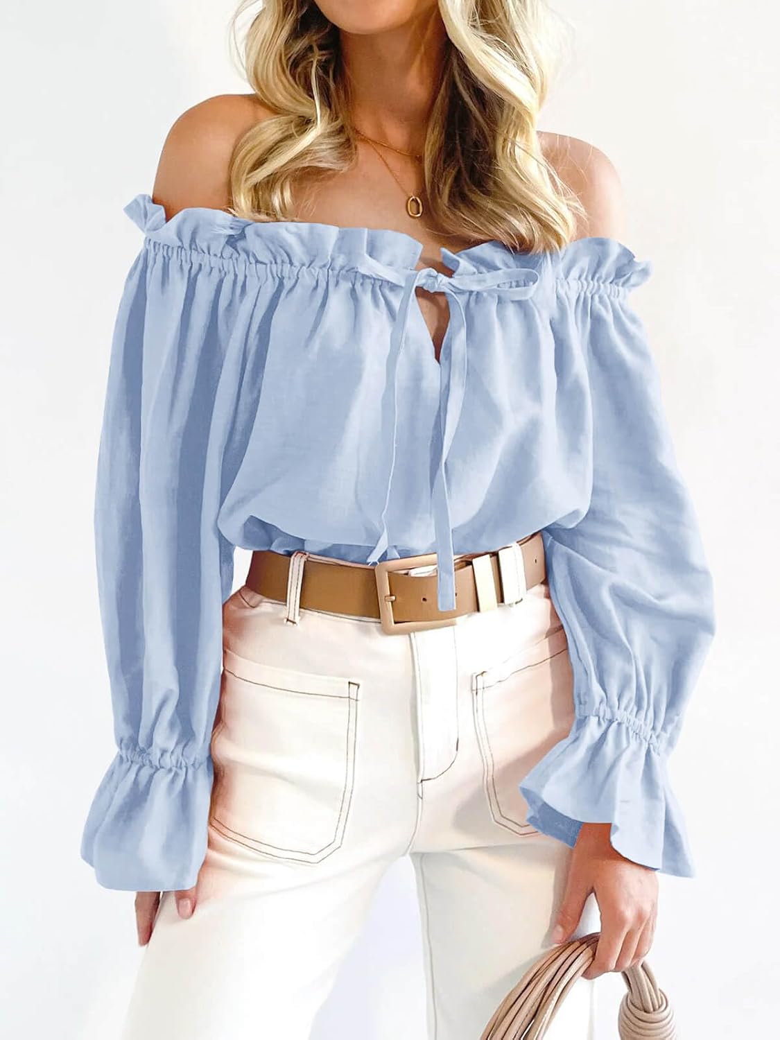 Imily Bela Womens Off The Shoulder Tops Puff Long Sleeve Tie Front Loose Fit Ruffle Shirts Blouses - Image 2