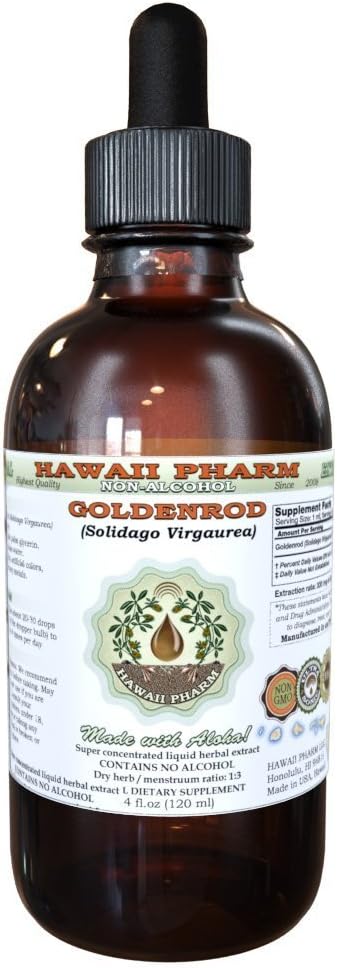Hawaii Pharm Goldenrod Alcohol-Free Liquid Extract, Goldenrod (Solidago virgaurea L.) Dried Herb Glycerite 4 oz