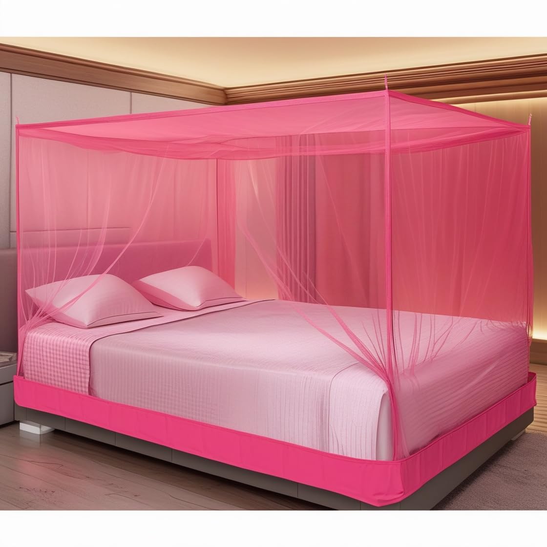 RN Enterprise Premium Elegant Mosquito Net � Breathable HDPE Fabric, Foam Bottom, and Elegant Cotton Tape (Pink, Queen Size Bed (3 Person))-picture-11