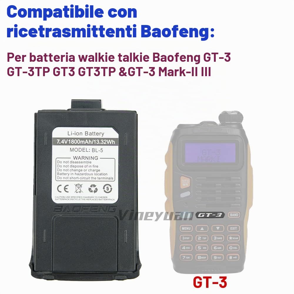 Batteria per radio bidirezionale di ricambio per Baofeng GT-3 GT-3TP GT3 GT3TP e GT-3 Mark-II III 7,4 V 1800 mAh Batteria Walkie Talkies