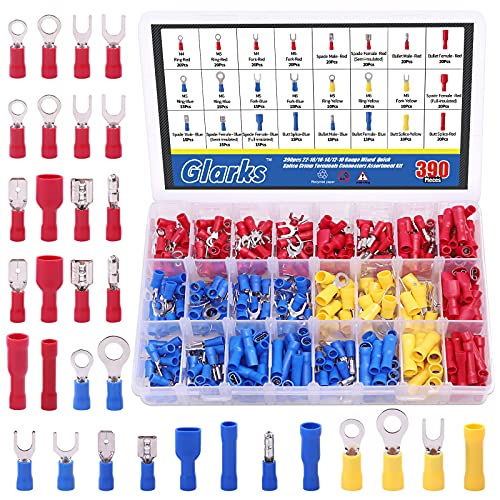 Glarks Lot de 355 pièces 22 à 16 à 14 et 12 à 10 gauges mixtes à déconnexion rapide électrique isolée Butt Bullet Bêche Fourche Anneau Sans soudure Bornes Connecteurs Assortiment