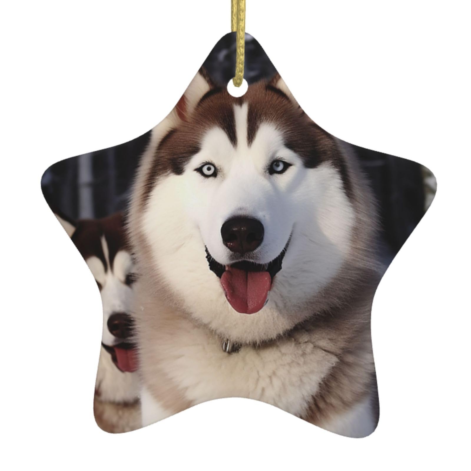 Ceramic Christmas Tree Hanging Ornaments with Gold Ropes Christmas Tree Decorations Star Ceramic Huskies Pendant Keepsake Decorations for Holiday Xmas Gift Ideas