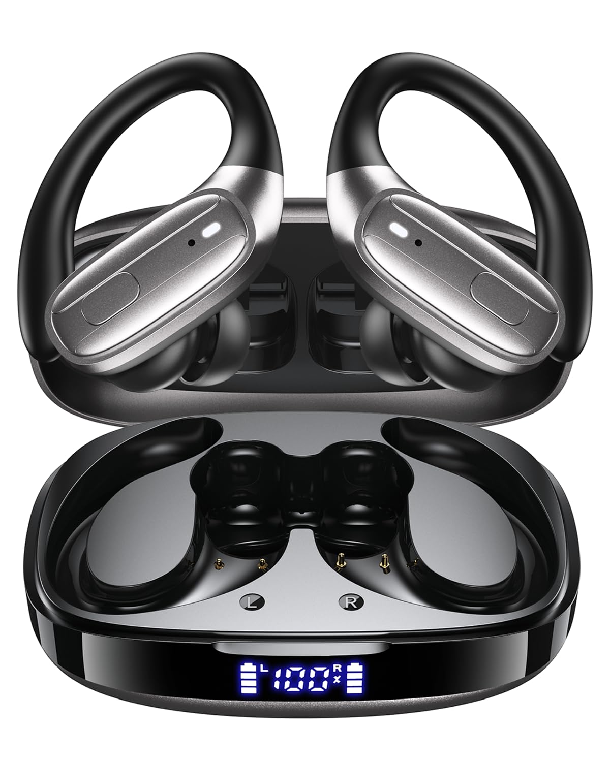 LEEMC Wireless Earbuds, Bluetooth Headphones 5.4, Ear Buds with Hooks for Sports, 80Hr Playtime Earphones, LED Display, IPX7 Waterproof Headset for Workout Running, Taupe