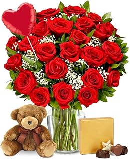 From You Flowers - Two Dozen Red Roses + Heart Balloon + Chocolate + Bear with Glass Vase | Fresh Flower Bouquets for Birthday, Anniversary, Get Well or Celebration