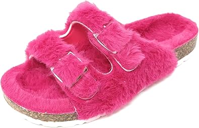 furry double buckle sandals