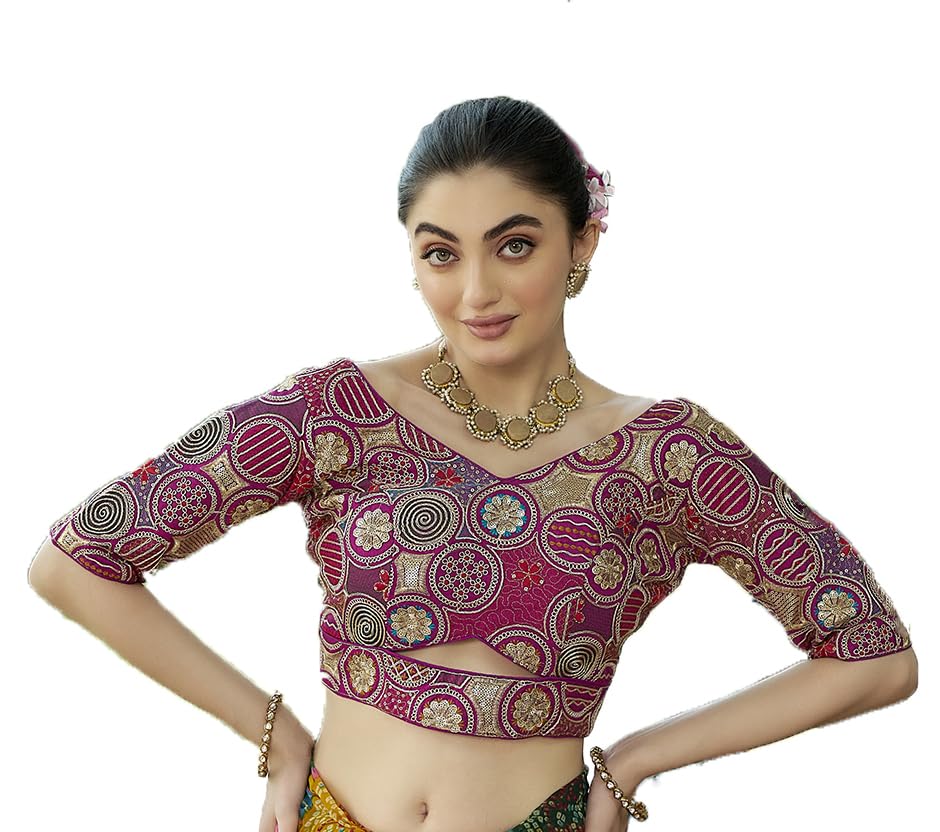 Pujia Mills Women's Blouse Readymade Blouse Embroidery Multi Coding Gold Thread Blouses Handwork Wine Color Readymade Saree Blouse For Women For Saree And Lehenga Choli (A2420 Wine 40)