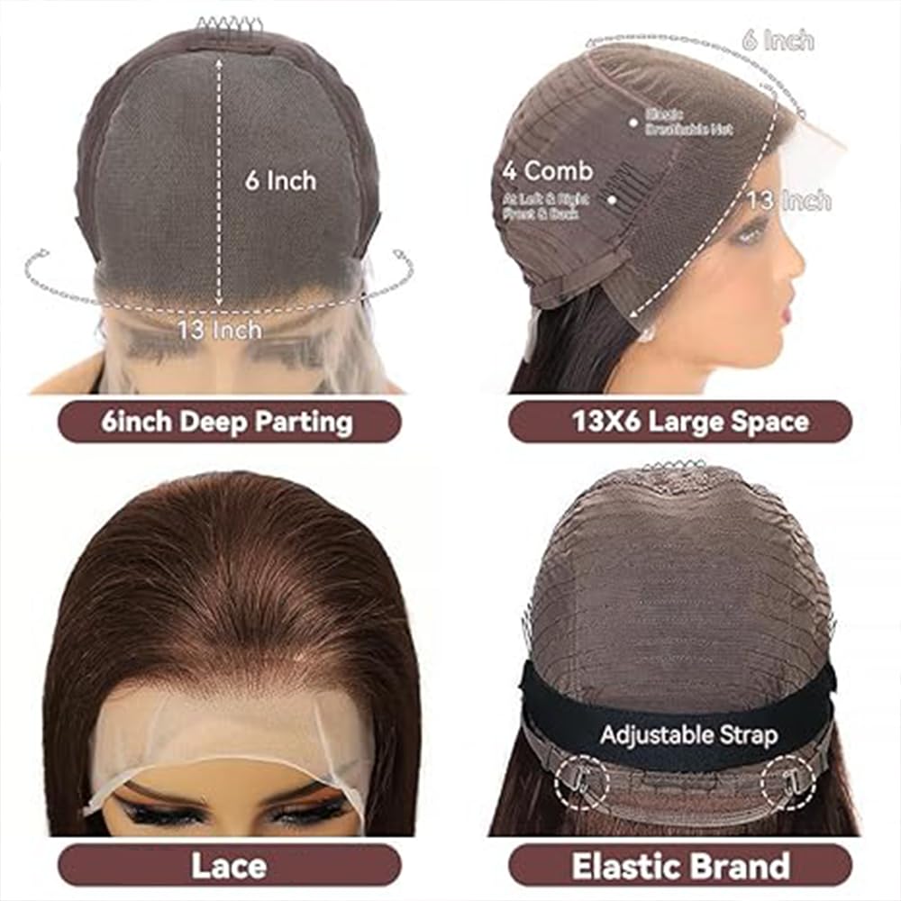 Swiss Lace Front Wig Body Wave 32 Inch 13x6 Chocolate Brown Brazilian Virgin Human Hair Pre Plucked Natural Hairline