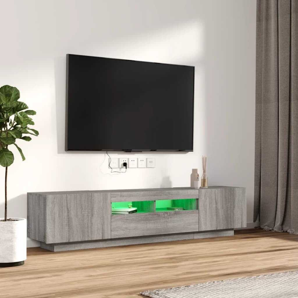 Zestaw 2 szafek RTV z oświetleniem LED RGB, szary dąb sonoma, mebel pod telewizor z podświetleniem i dużą przestrzenią do przechowywania, materiał drewnopochodny odporny