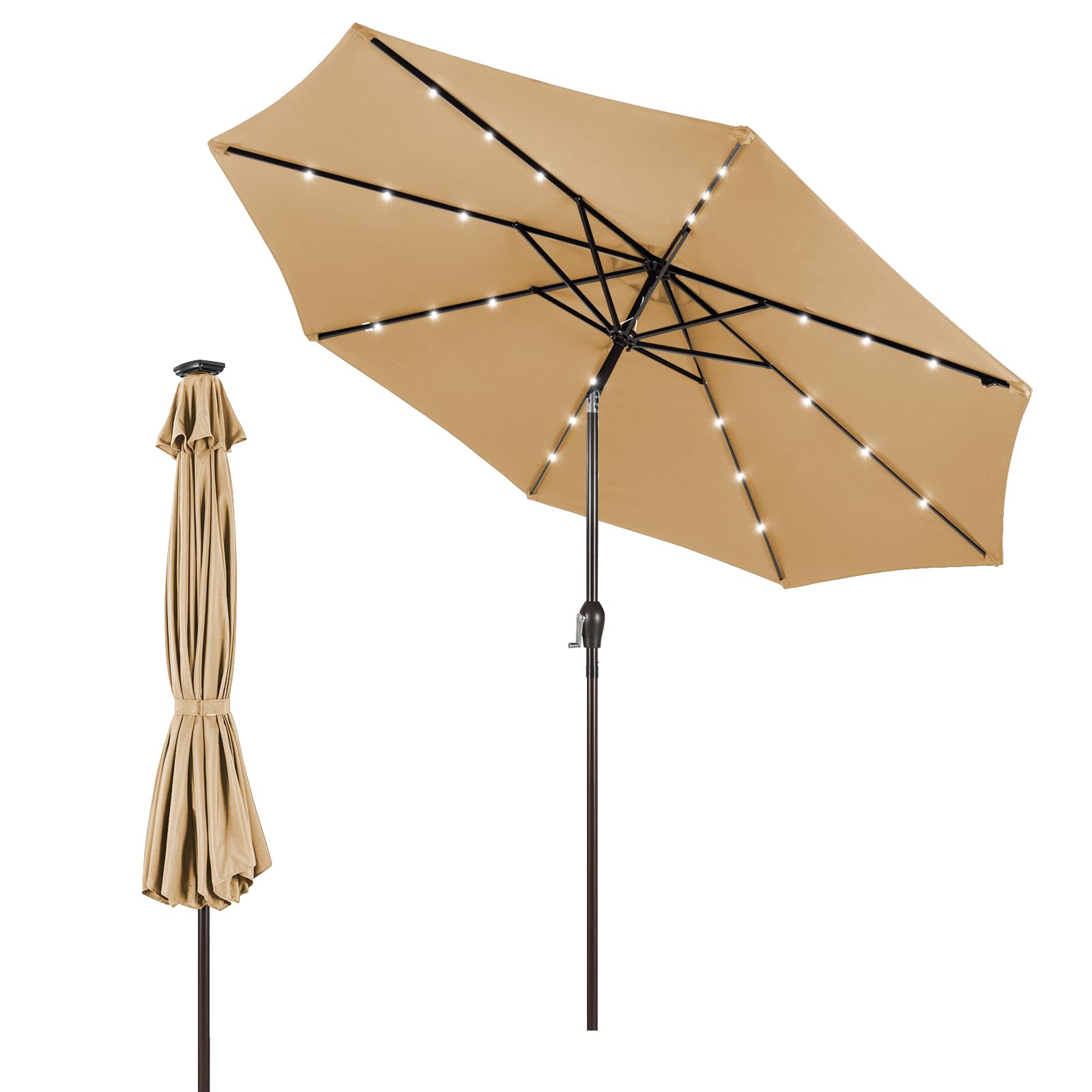 GYMAX Ombrellone da Giardino 3x3 M, con Luci LED Solare, Ombrello Inclinabile Regolabile, da Terrazzo Patio Spiaggia