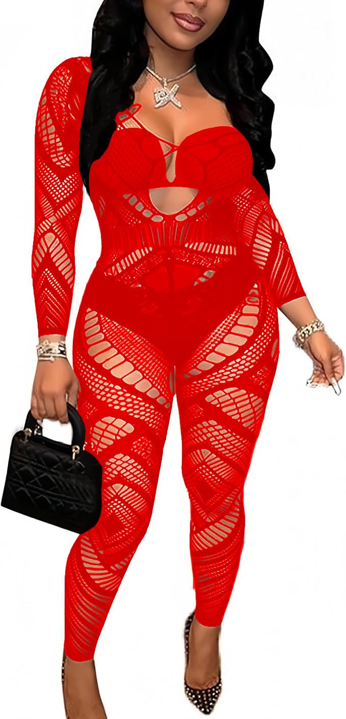 k.SELLOUT Sexy Womens Fishnet Bodystocking Cut Out Lingerie Mesh Bodysuit One Piece Babydoll Rave Outfits (B-Red)