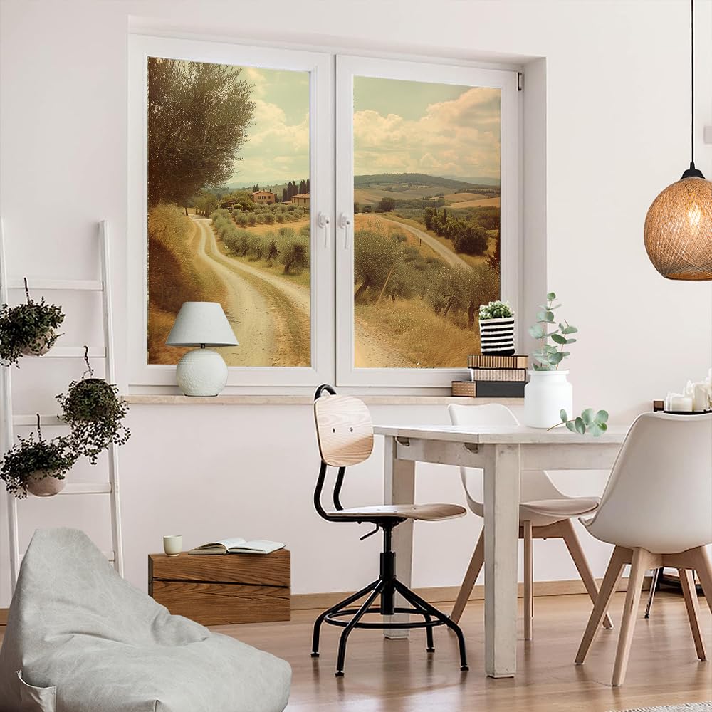 Retro Rustikale Pfad Fenster Sichtschutzfolie Abstrakte Dorf Landschaft Landschaft Milchglas Fensterfolie Dekorative Statische Haftung für Glas für Zuhause 80 x 140 cm x 2 Stück