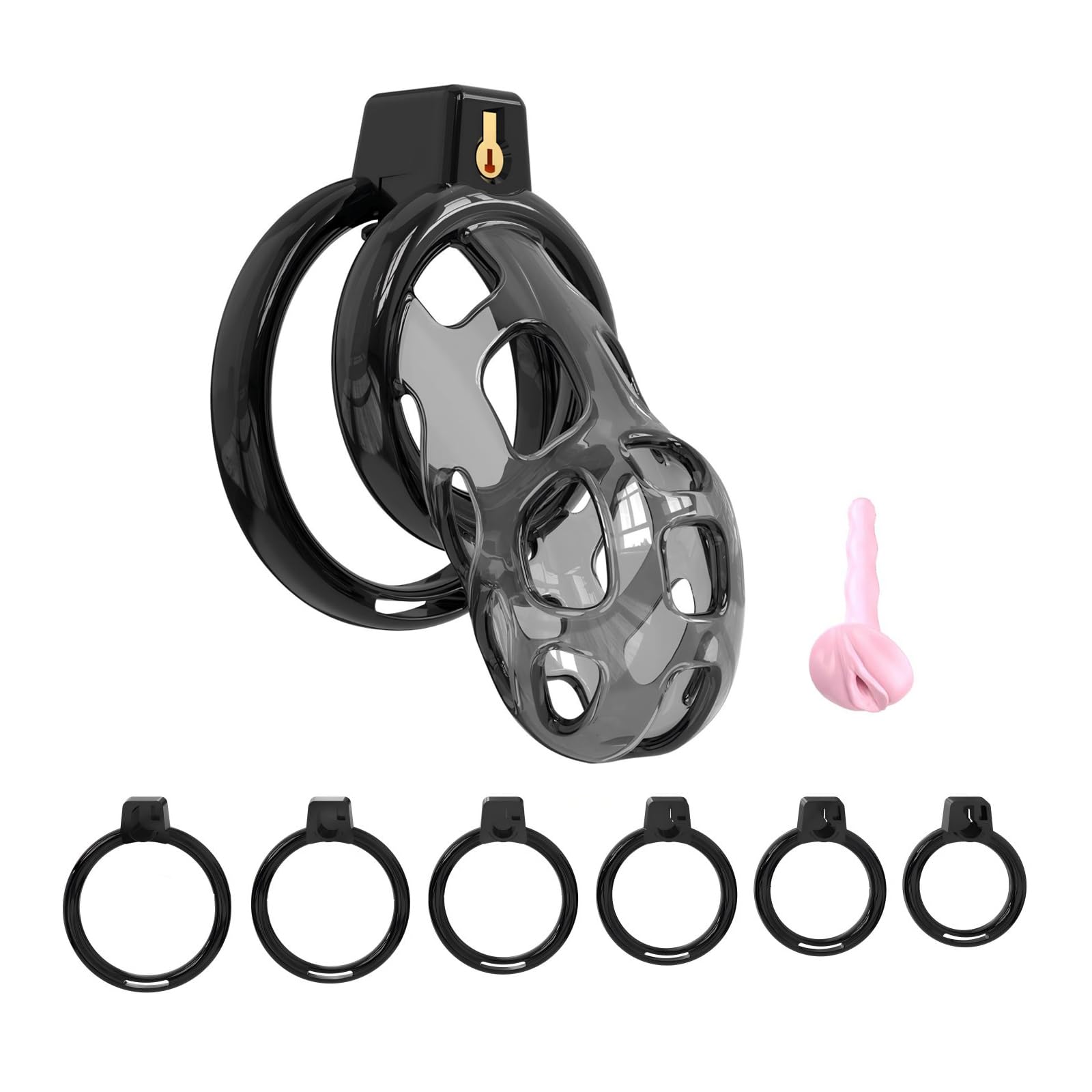 Chastity Cage en Silicone Sex Toýs Homme Cage de Chasteté Pénis avec Cathéter et 6 Anneaux Différents en ABS Cage Chastetée avec Serrure Cachée pour le Bndage du Pénis de l'Homme (Black,L)