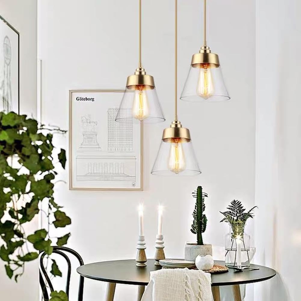 Gold Pendant Light Brushed Finish Chandelier with 3 Glass Shades Modern Adjustable Ceiling Light Fixture for Kitchen Island Dining Room Corridor Cafe, E26 Bulb Sockets