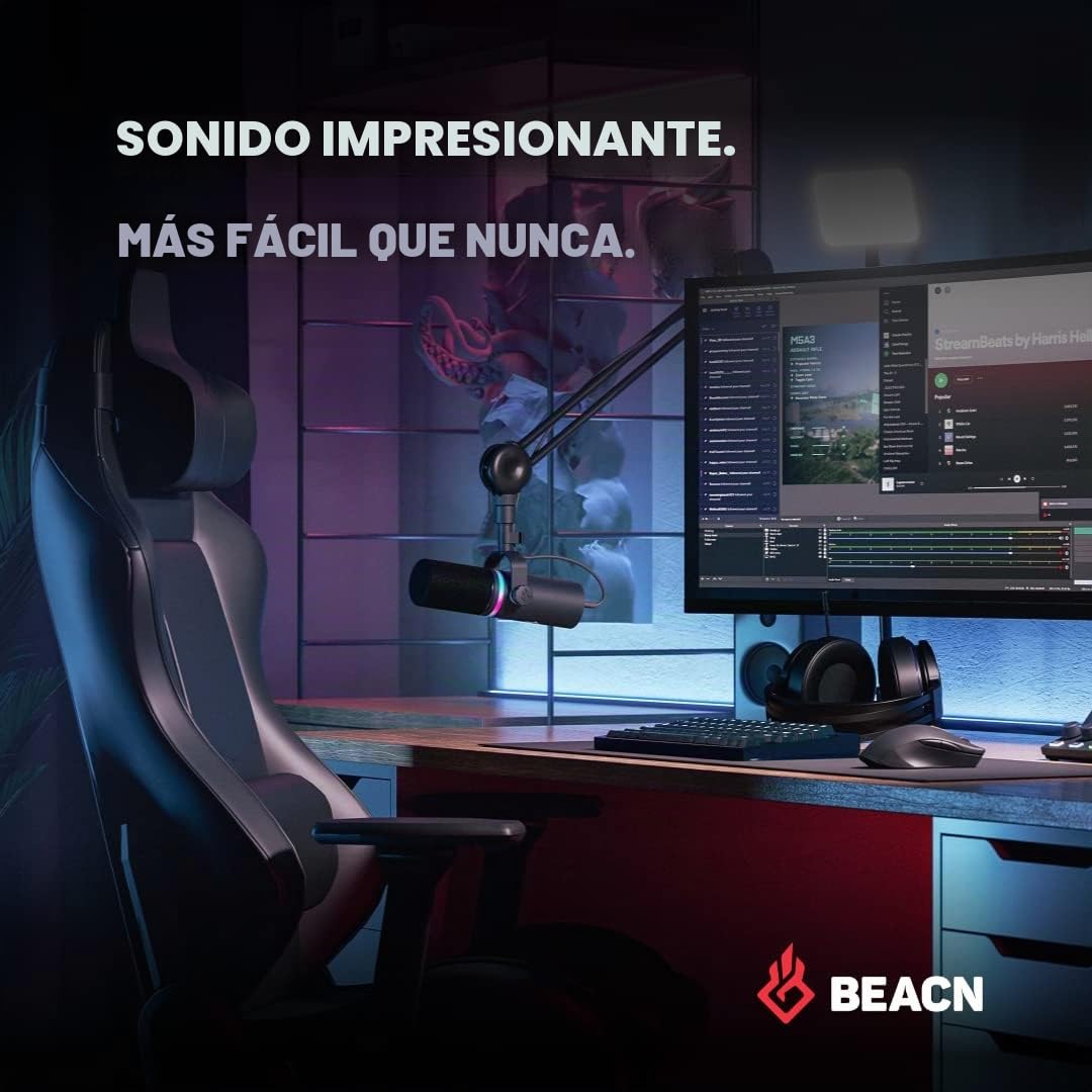BEACN Micrófono USB dinámico oscuro para PC y juegos, transmisión de grado de transmisión, podcast y micrófono de YouTube con iluminación RGB, rechazo de ruido y monitoreo de auriculares, micrófono