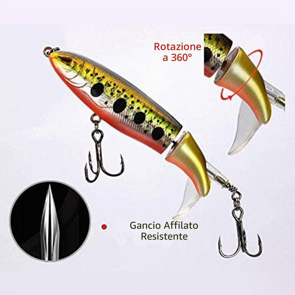 Set di esche da pesca Topwater, 6 pezzi, in plastica Whopper galleggiante con coda rotante per pesca con esche rigide per acqua dolce e salata