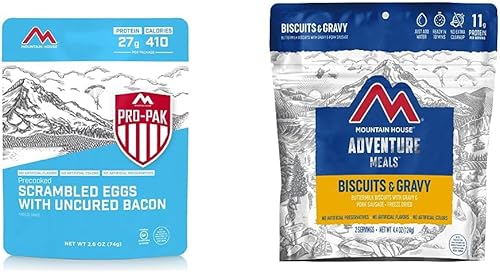 Mountain House Huevos revueltos con tocino Pro-Pak + Mountain House Biscuits & Gravy | Alimentos liofilizados para mochileros y campamentos