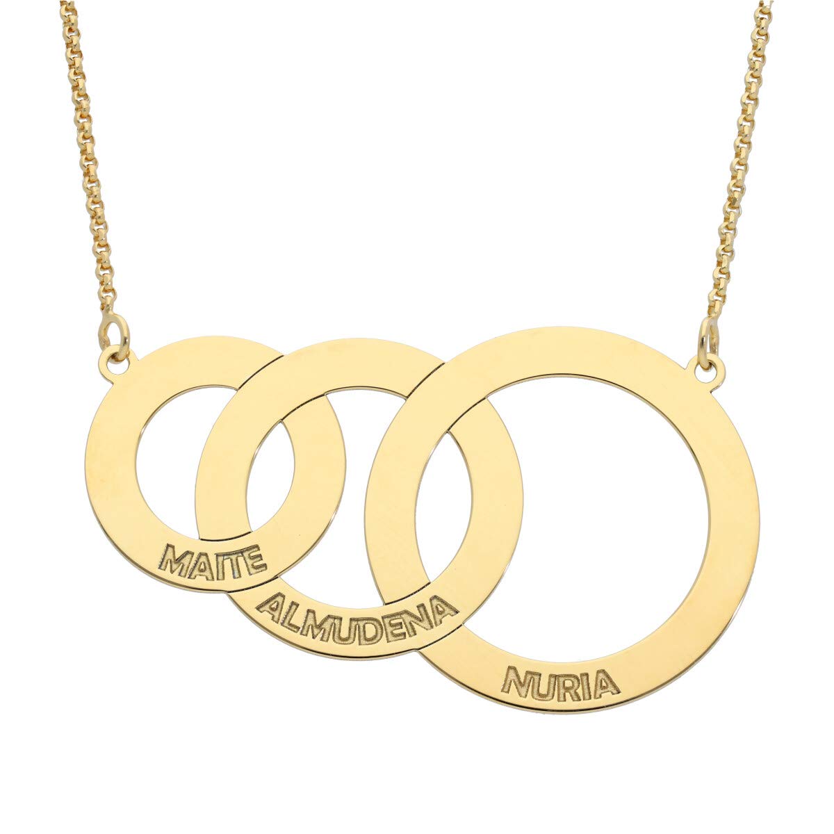 Collar Aros Personalizado con nombres en Plata de Ley 925 - Collar de 3 aros enlazados en 45cm - Ideal para el Día de la Madre, San Valentin, Cumpleaños