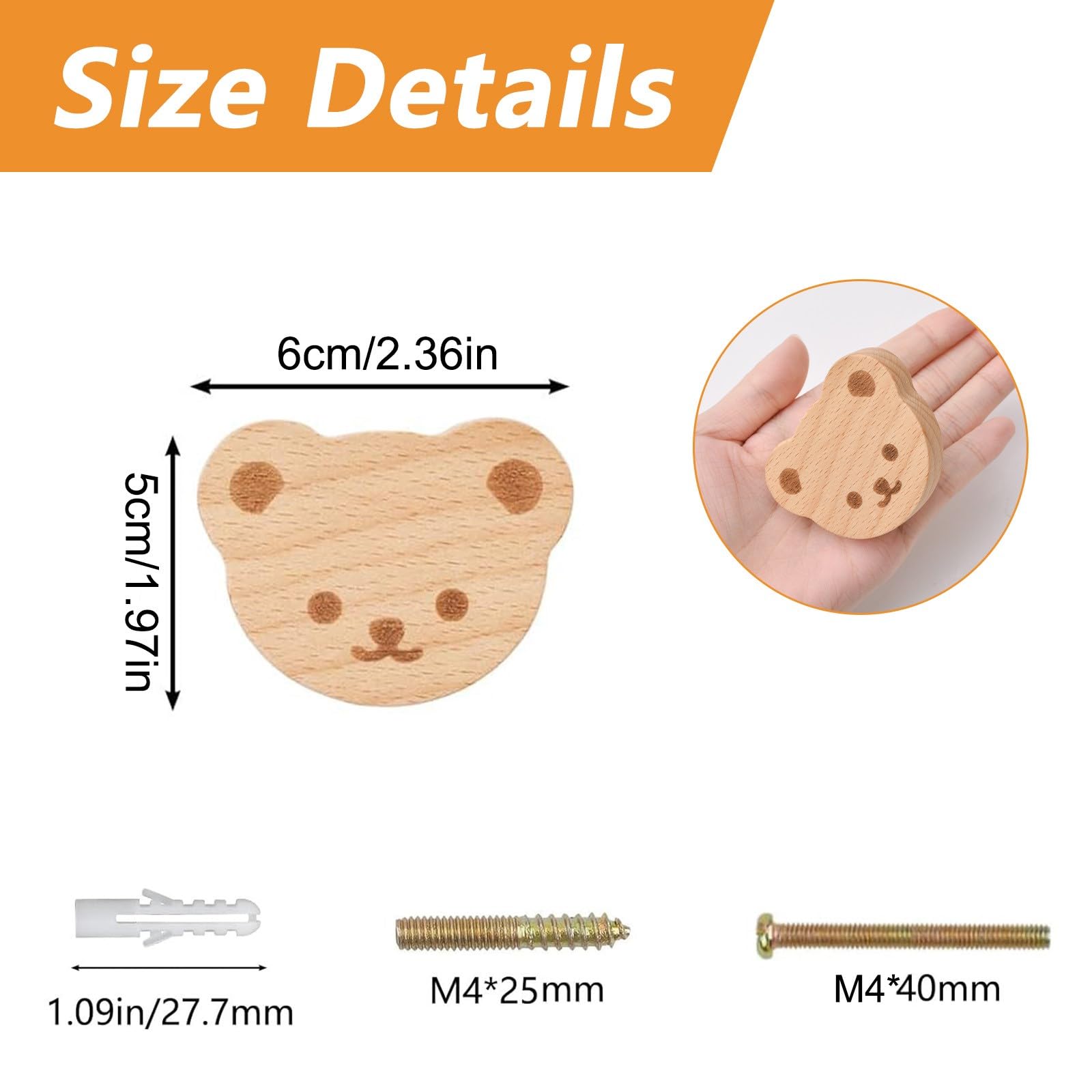 MOROBOR 4 piezas de pomos de madera en forma de oso con un solo orificio, asas de madera de haya para armario de madera, pomos de madera para cajones de cómoda con tornillos y tubo de expansión