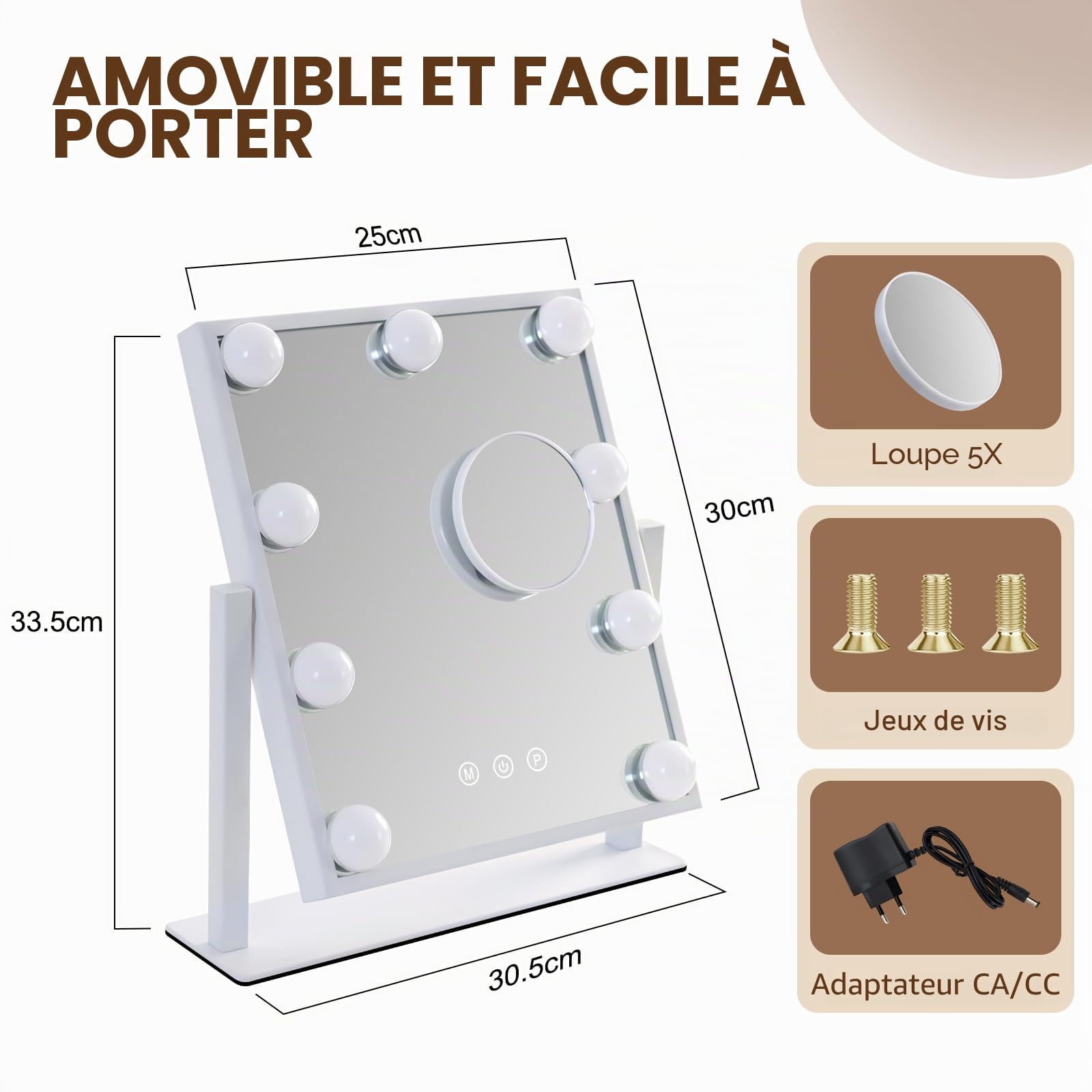 Miroir de Maquillage Hollywood avec éclairage LED 9 LED - Miroir vanité - Rotation 360° 3 Modes - Miroir de Coiffeuse Tactile