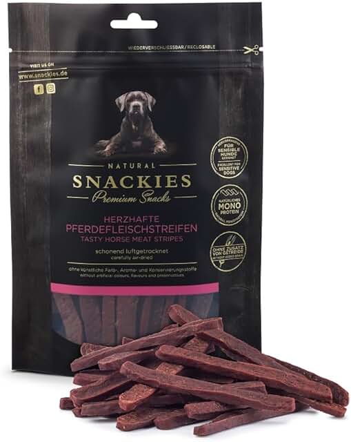 SNACKIES 16er-Pack (à 170g) Herzhafte Pferdefleischstreifen Premium Snacks für Hunde ohne Zusatz von Getreide, Zucker, Farb-, Aroma- und Konservierungsstoffe, schonend luftgetrocknete Leckerli product image