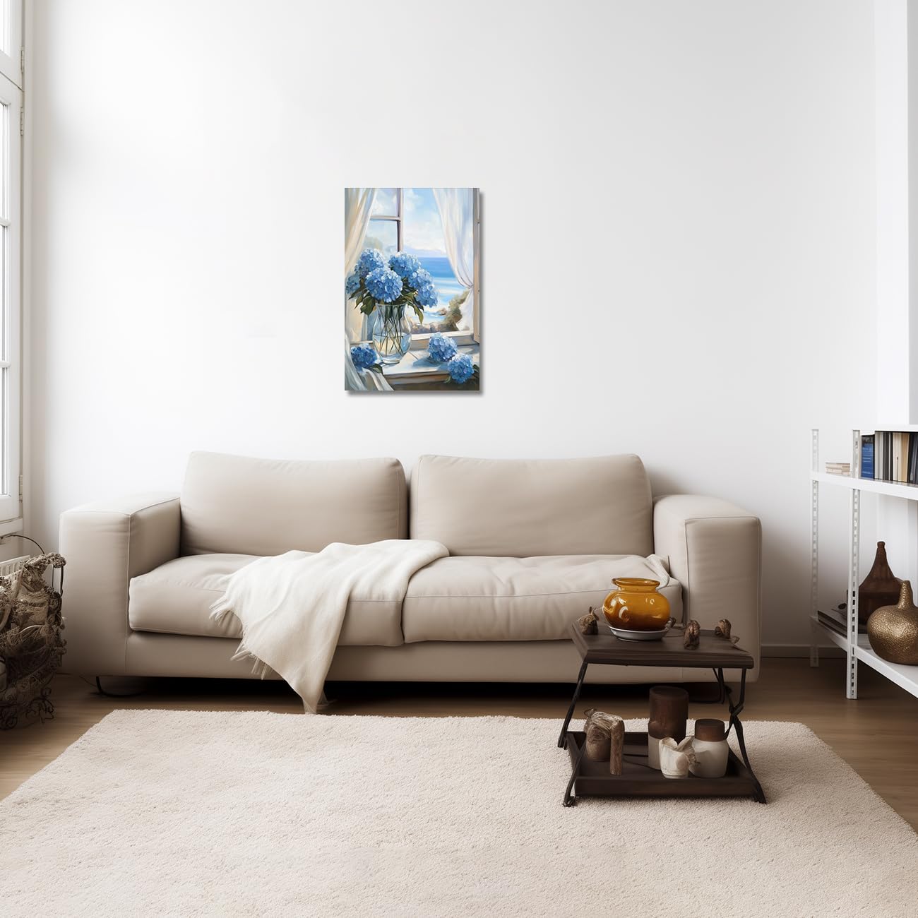 ZQQART Stampa artistica su tela con ortensia rustica, stampa floreale con fiori costieri, pianta botanica, decorazione da parete per il bagno, con cornice (blu, 40,6 x 61 cm)