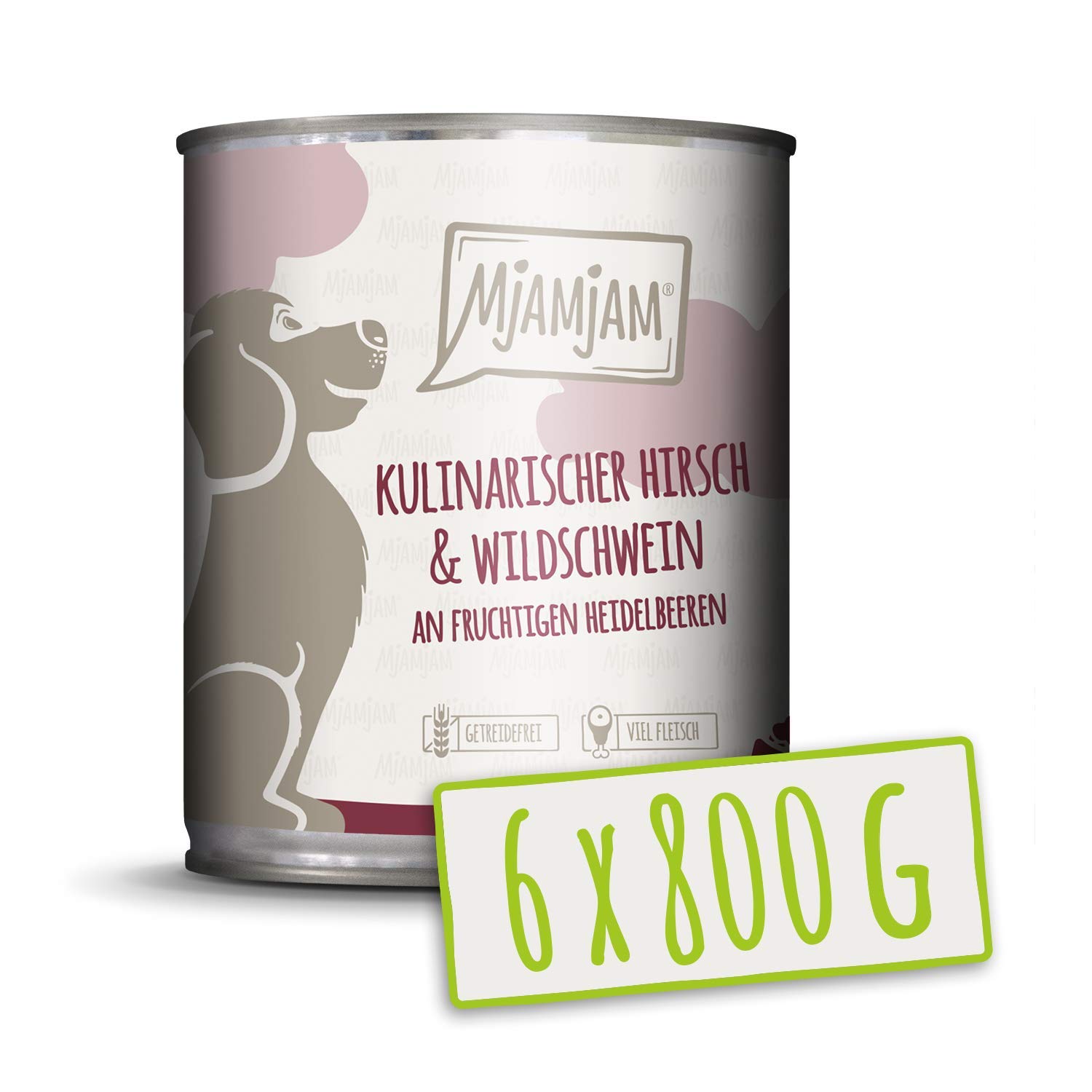 MjAMjAM - Premium Nassfutter für Hunde - kulinarischer Hirsch & Wildschwein an Preiselbeeren, 6er Pack (6 x 800 g), getreidefrei mit extra viel Fleisch