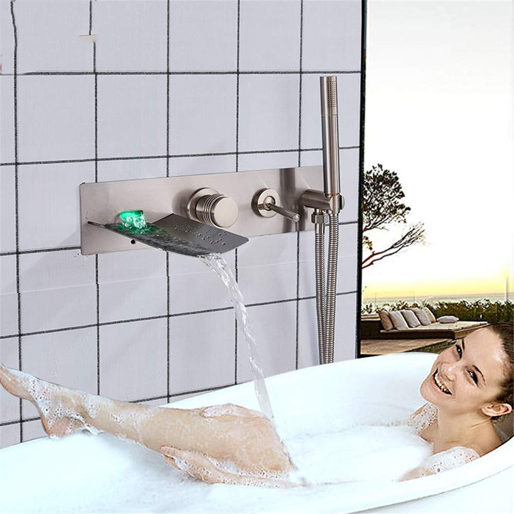 Système de douche de bain mitigeur mural cascade LED robinet baignoire nickel