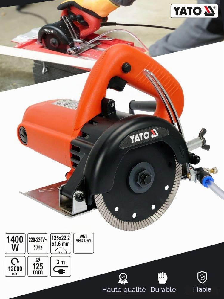 YATO Scie à tronçonner professionnelle humide et sec 1400 W avec disque diamant Ø 125 mm, 12000 tr/min, profondeur de coupe réglable max. 38 mm, débit