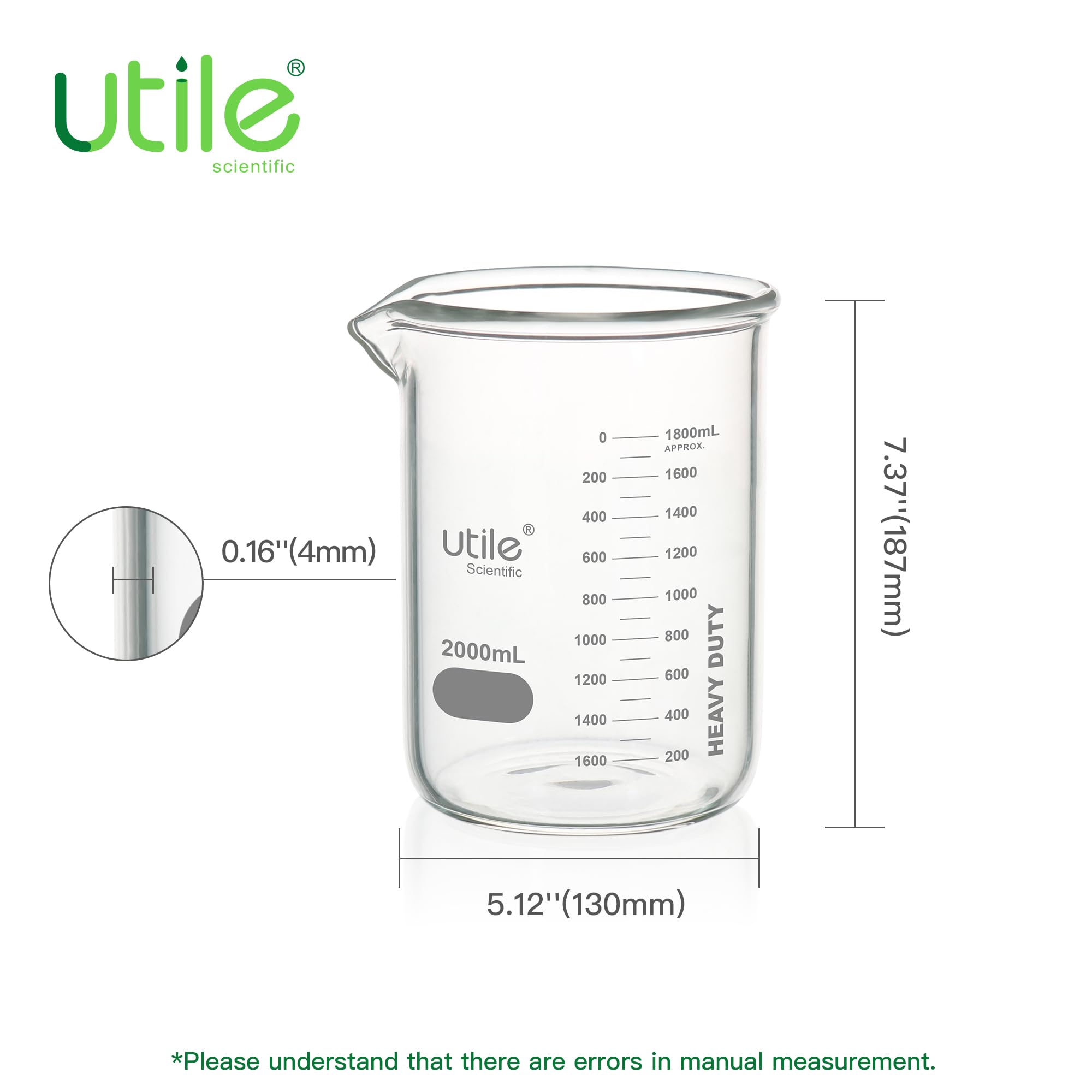Utile 2 bicchieri in vetro borosilicato 3.3 con graduazione stampata, 2000 ml, confezione da 2 pezzi