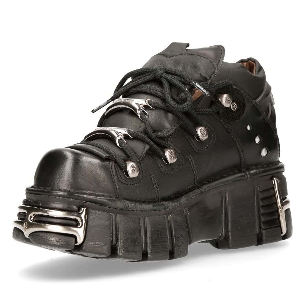 New Rock Botín Piel Negro Mujer Zapato Plataforma ICONIC 106 Black Woman Ankle Leather Shoes Boots M.106N-S16