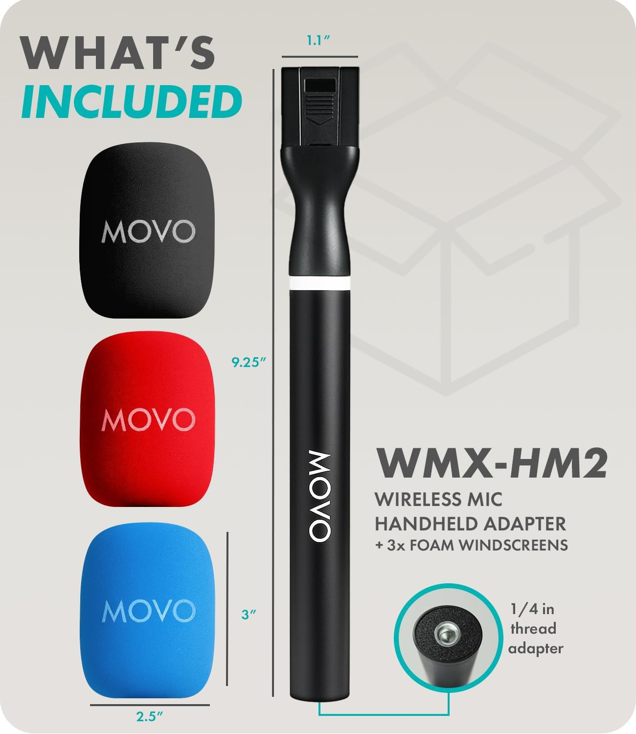Movo WMX-HM2 bezprzewodowy uchwyt mikrofonowy do mikrofonu DJI, Rode GO II – ręczny uchwyt do rozmowy kwalifikacyjnej z uchwytem na mikrofon, adapterem i 3 szybami przednimi – do YouTube, TikTok