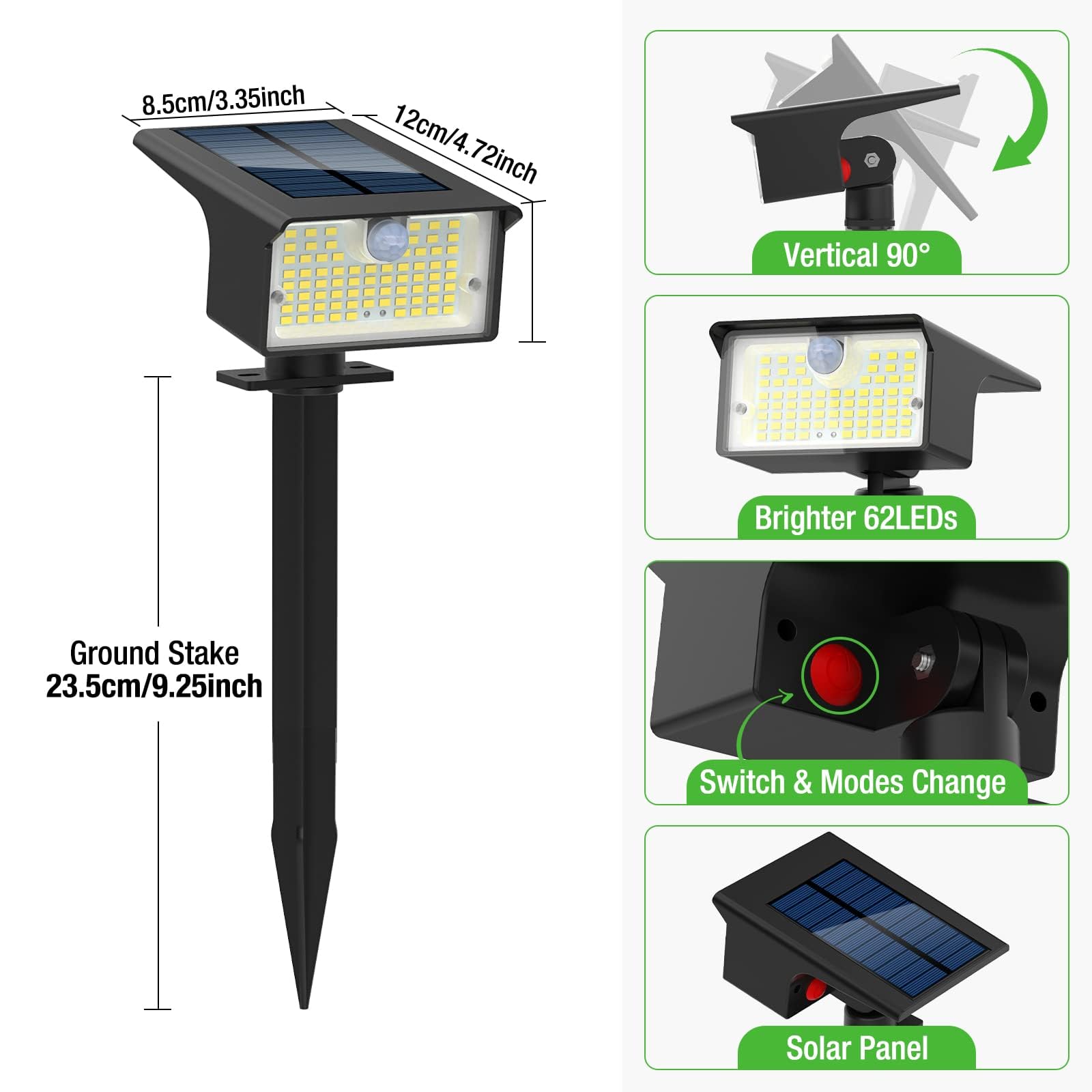 nipify Luces Solares LED Exterior Jardin con Sensor de Movimiento，[3 Paquete/62 LED/3 Modes], IP65 Focos Exterior Solares Potente Lamparas Suelo para Patio,Caminos,Terraza,Suelo,Césped, Blanco Cálido