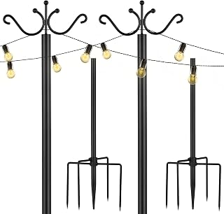 Outdoor Patio String Lights Poles - 2 Pack Metal Light Poles 9FT Black with Hooks & Wire Rope for Backyard, Wedding, Garden, Christmas & Holidays