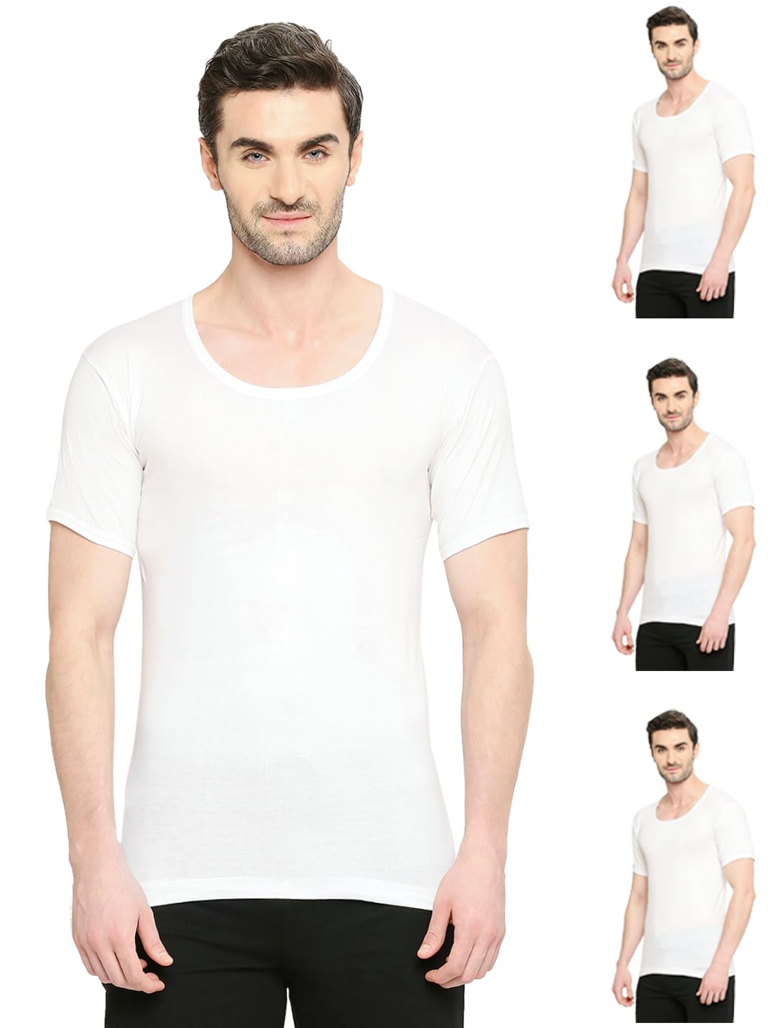 Bonus Classic Mens 100% Cotton Round Neck Half Sleeve White Vest, 75 Size, Pack of 4-image-27