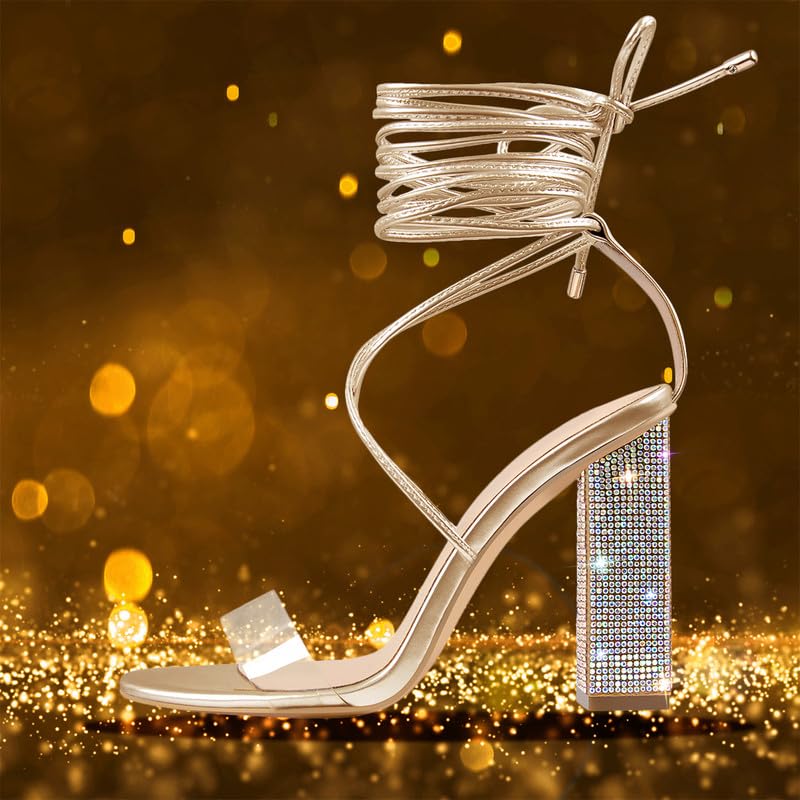 Richealnana Women's Rhinestones Block Heel Lace Up Ankle Wrap Heeled Sandals4