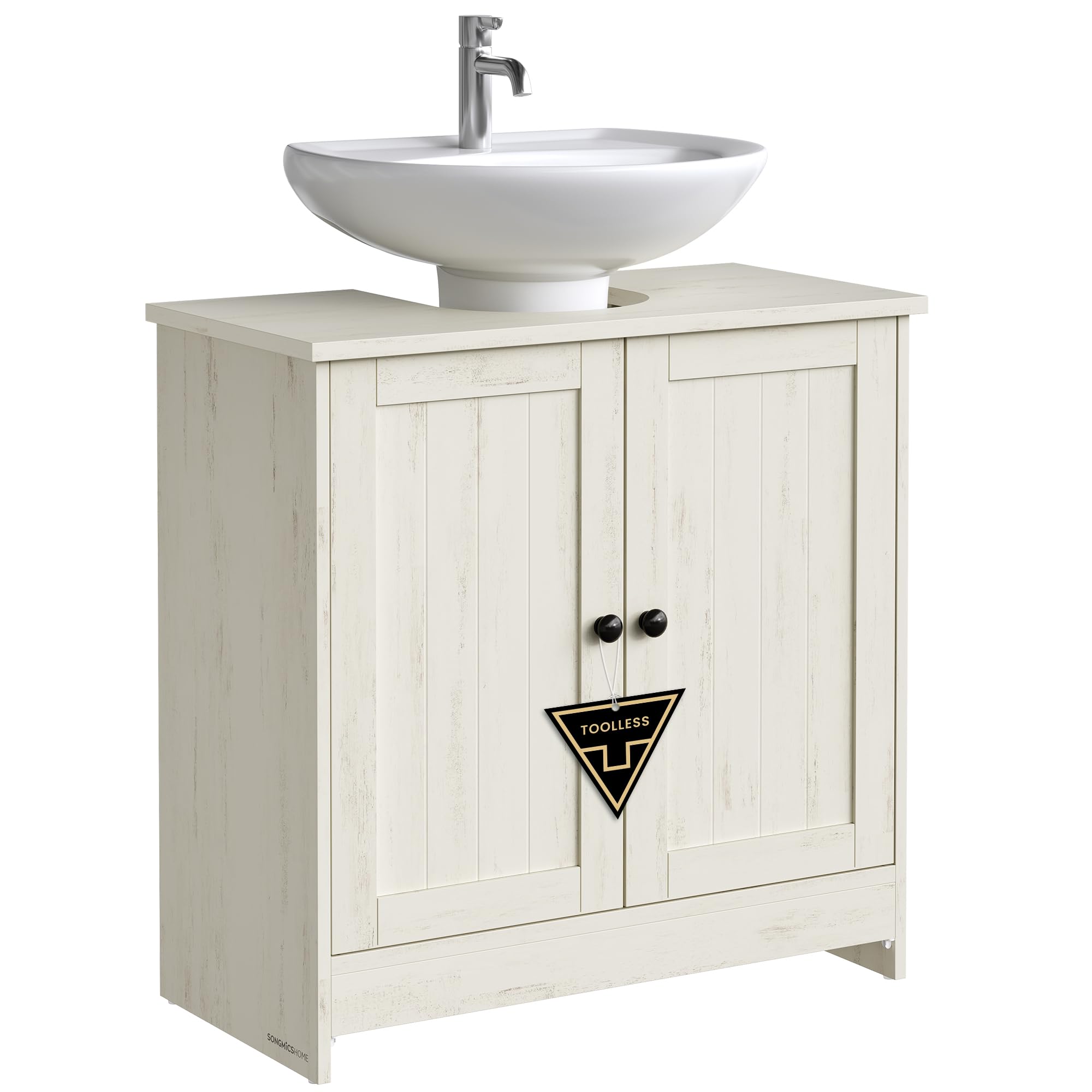 SONGMICS HOME Mobile Sottolavabo da Bagno, Montaggio Rapido Senza Attrezzi Toolless, Mobiletto con Ripiano Regolabile per Lavabo con o senza Colonna, Bianco Vintage BBC223WJ01