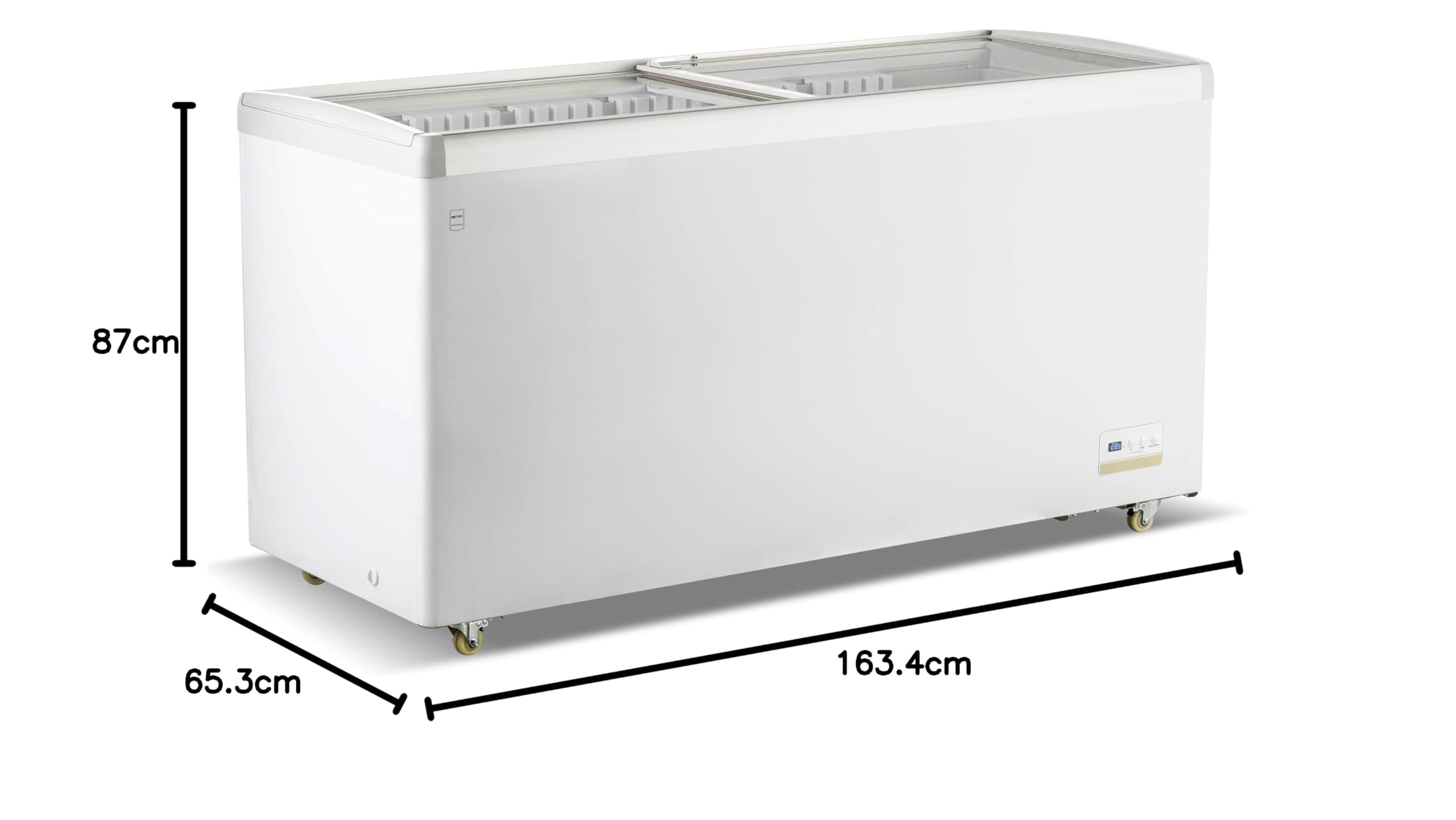 METRO Professional Tiefkühlvitrine GICC1466, 447 L, Tiefkühltruhe mit Glasschiebetür, 7 Ablagekörbe, Türschloss, Temperaturalarm, Rollen, Weiß