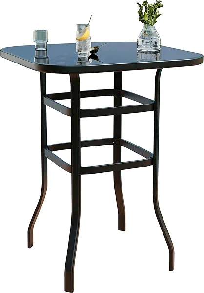 Patio Bar Table with Tempered Glass Table-Top, Metal Frame Bar Table Bistro Square Table, High Top Outdoor Pub, 31.5'' Side Table for Balcony Backyard Poolside Garden