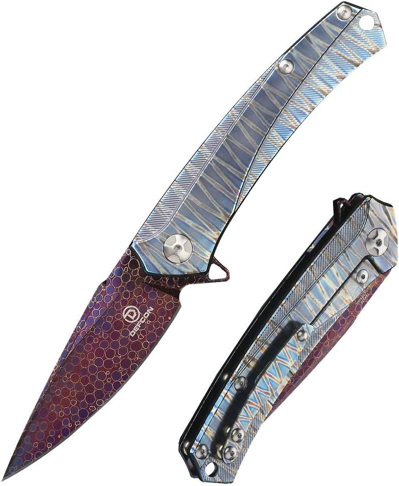 DEFCON Jungle Knife Barracua 8.25" Ball Bearing Damascus Titanium EDC Folding Pocket Knife Special Edition