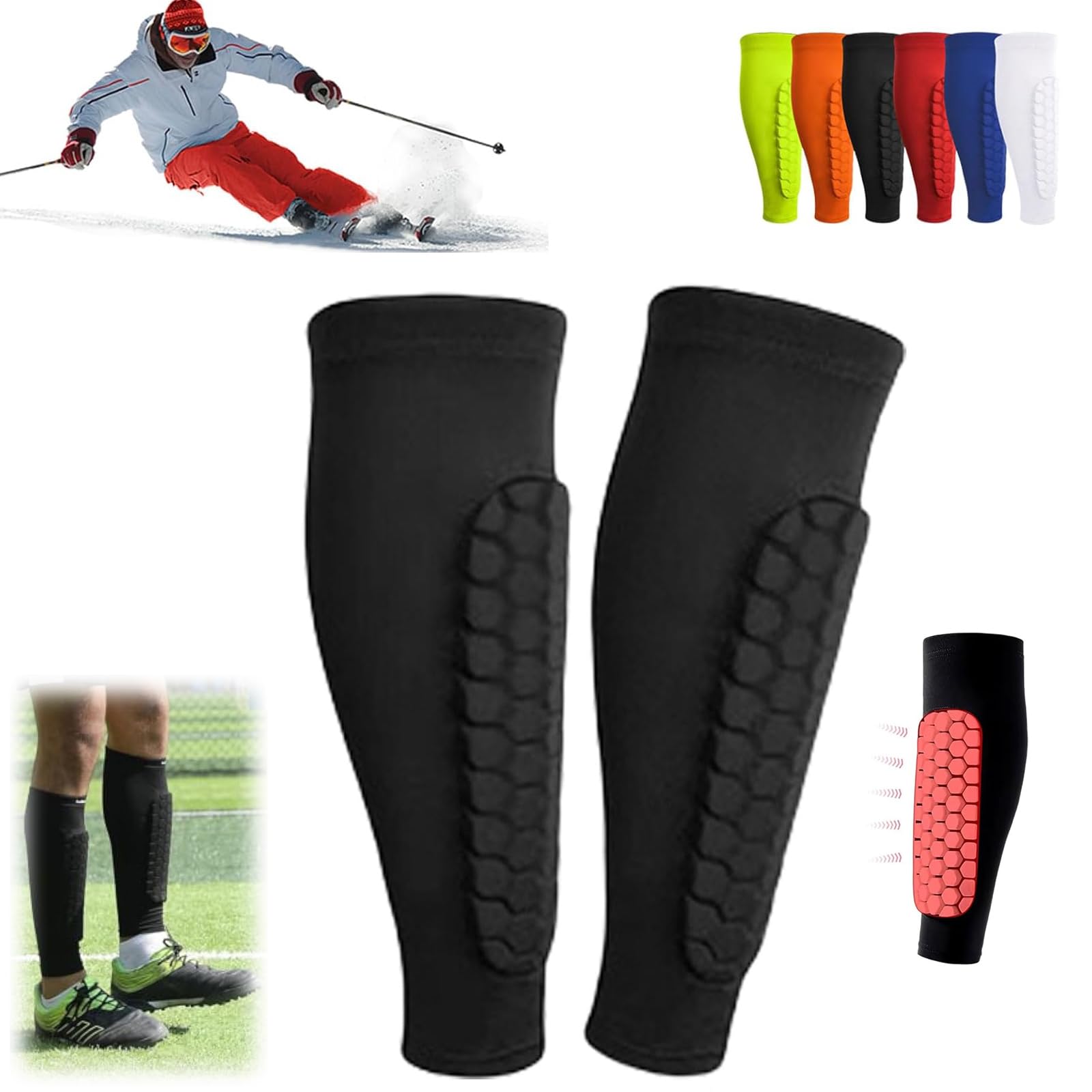 Ski Shin Guards, Football Shin Pads, Ski Shin Protection with Honeycomb Pads, Long Breathable Elastic Ski Shin Pads, Ski Shin Pads, and Ski Guard Socks, Lightweight (Black, S)