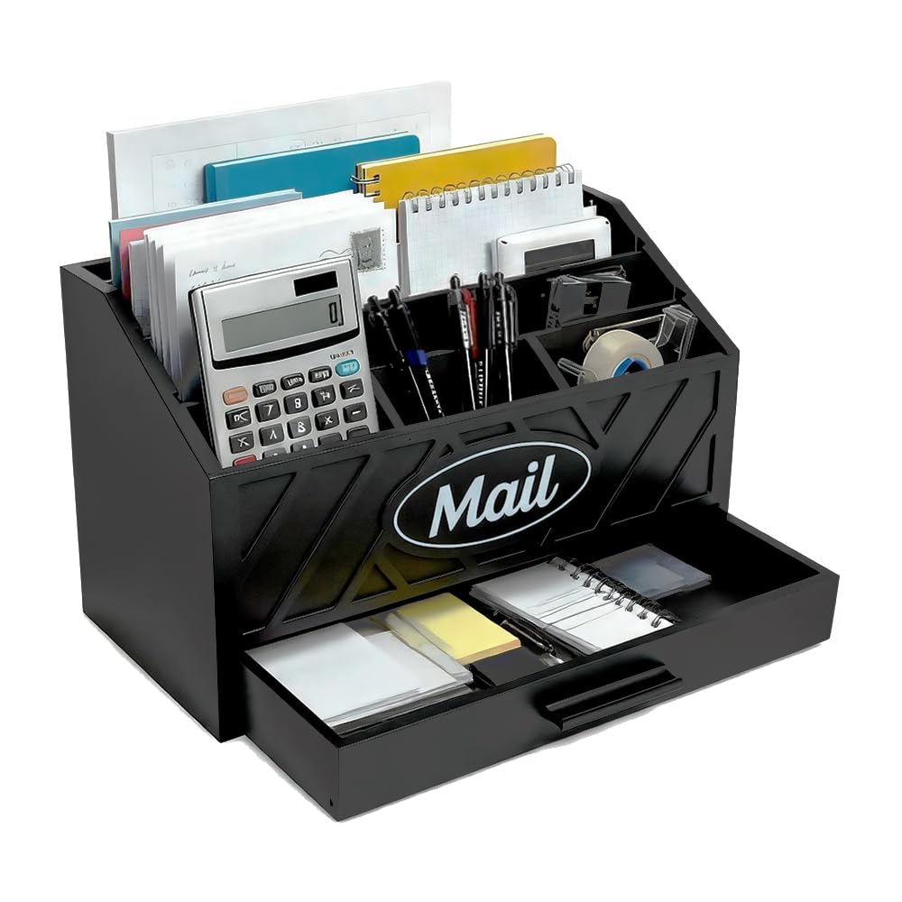 Organizzatore di Posta da Scrivania in Legno con 6 scomparti e cassetto, Organizzatore per Cartelle di Carta e Lettere, Organizer per Cartelle per Scrivania per Lettere Cancelleria, Nero